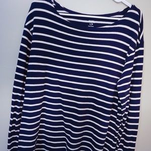 Long sleeved navy and white striped blouse